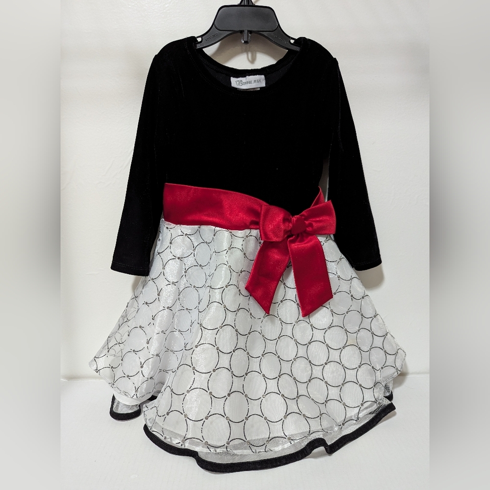 SZ 3T Bonnie Jean Toddler Girl's Long Sleeve Holiday Party Dress With Red Bow